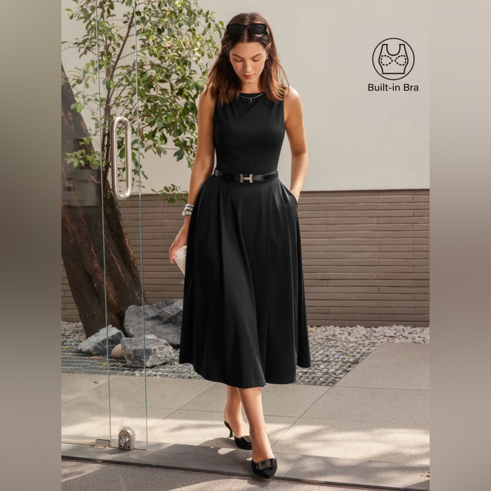 NWT OGL Boatneck Bamboo Ponte Brami Midi Dress with Pockets - Black